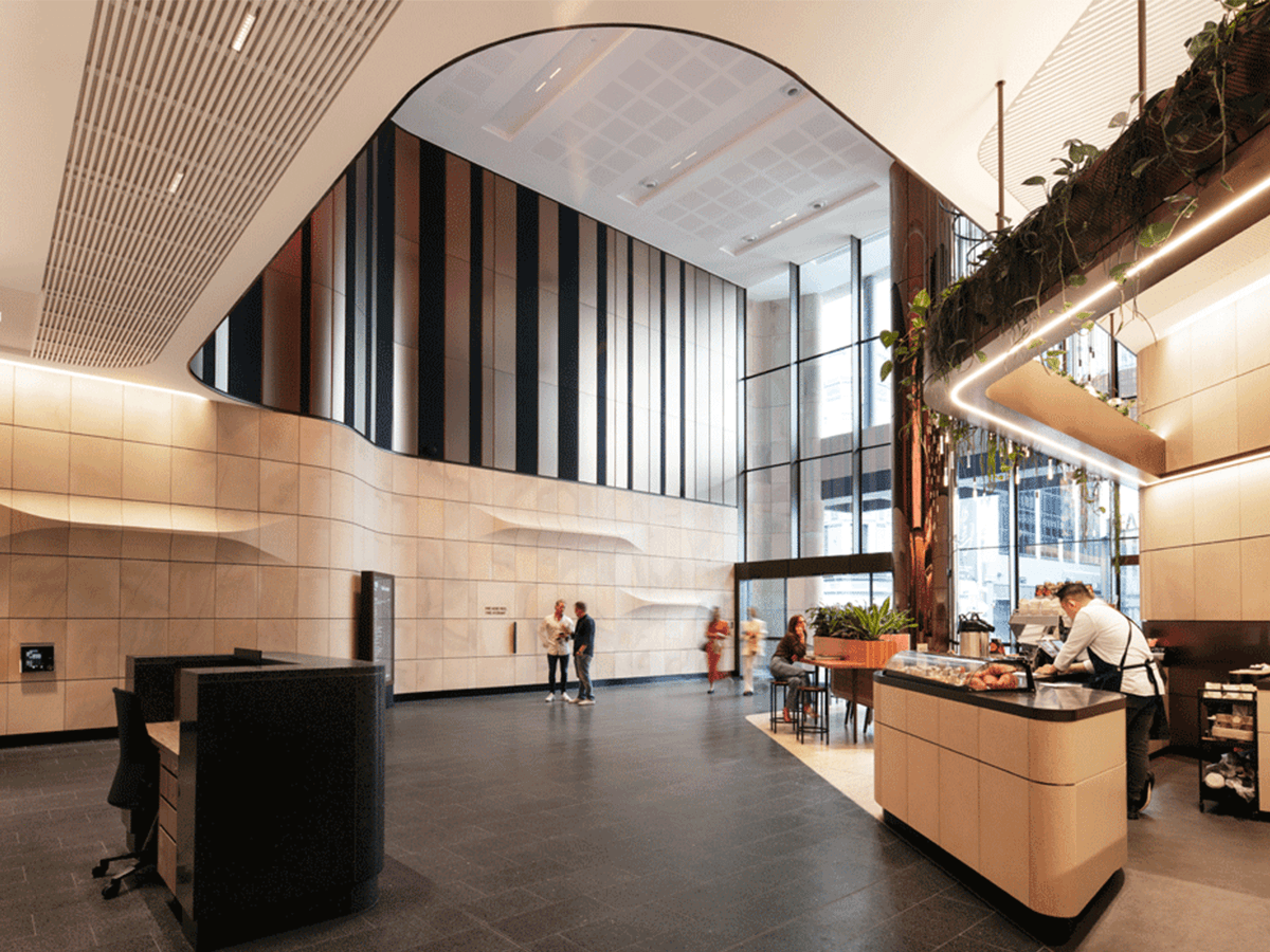 Modern office lobby with sleek lighting and architecture